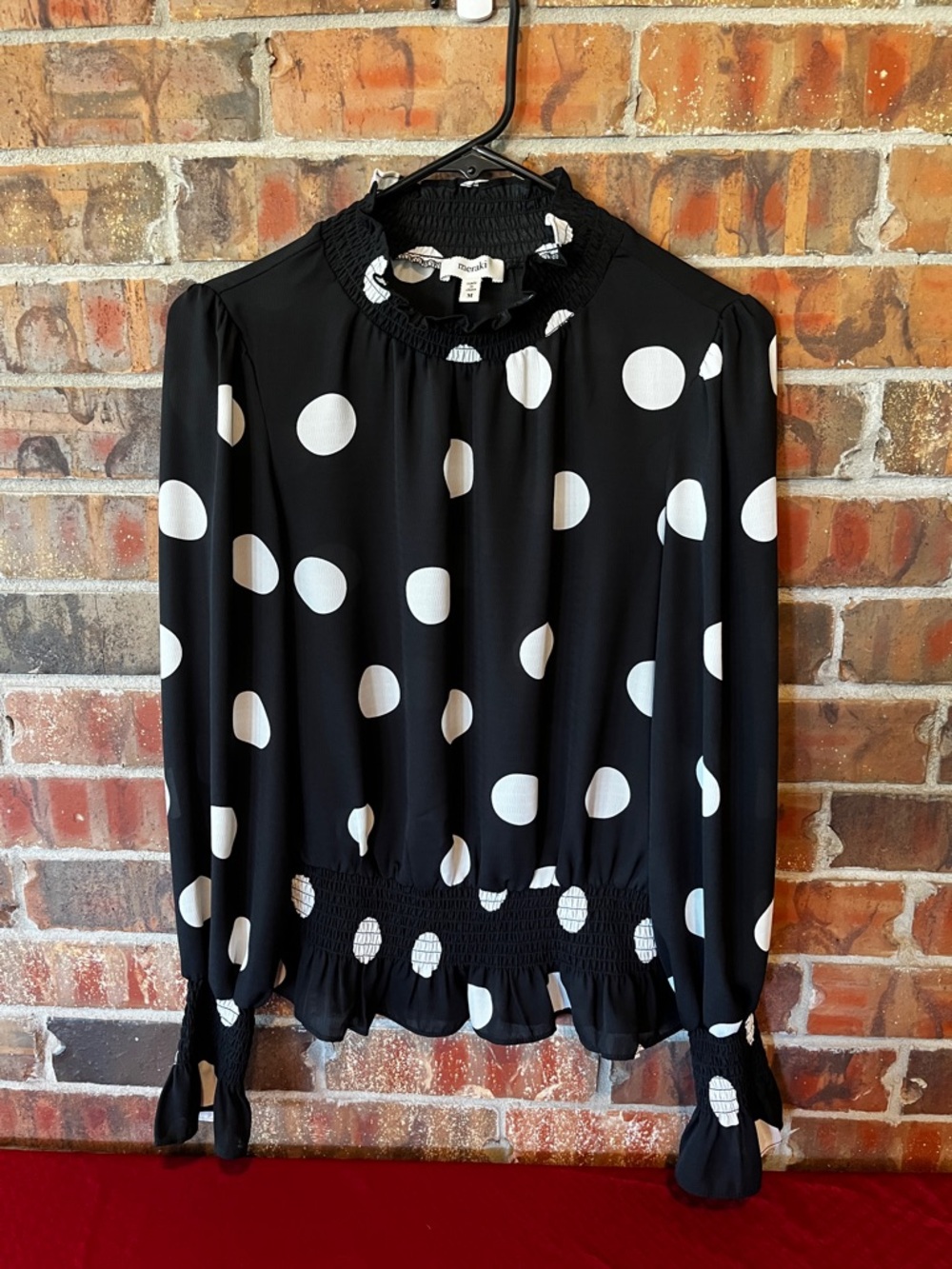 meraki Black Blouse with White Polka Dots